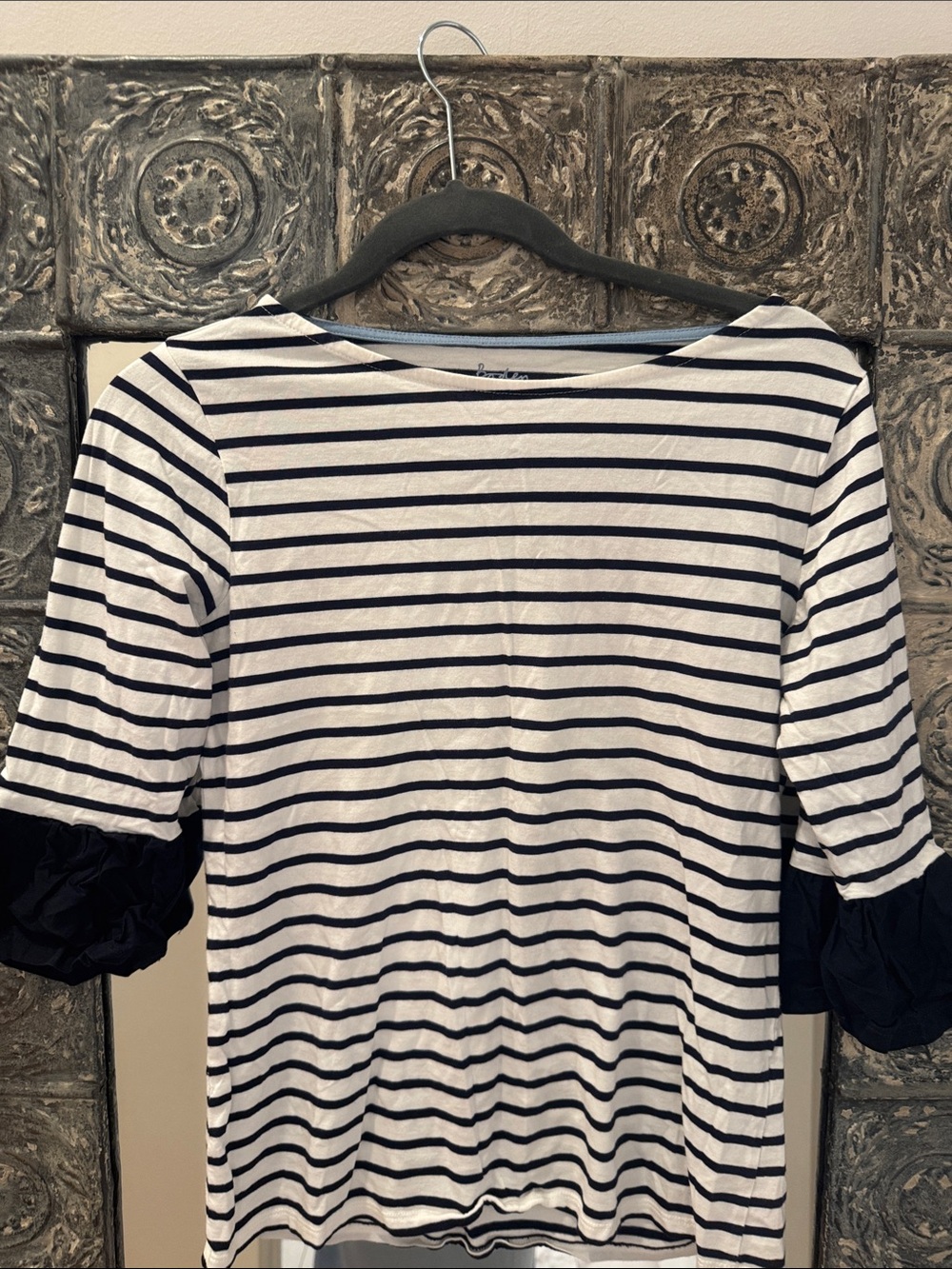 Striped boden Navy and White Ruffle-Sleeve Women’s Top
